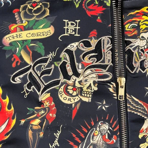 NEW Ed Hardy Crop Flashboard Black Tattoo Track Jacket Sz M - Picture 3 of 15